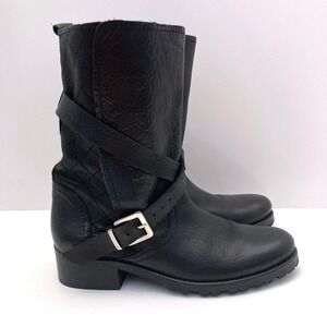 Maje Woman's Black Leather Belted Buckle Moto Motorcycle Boots Size 38 Womens 7